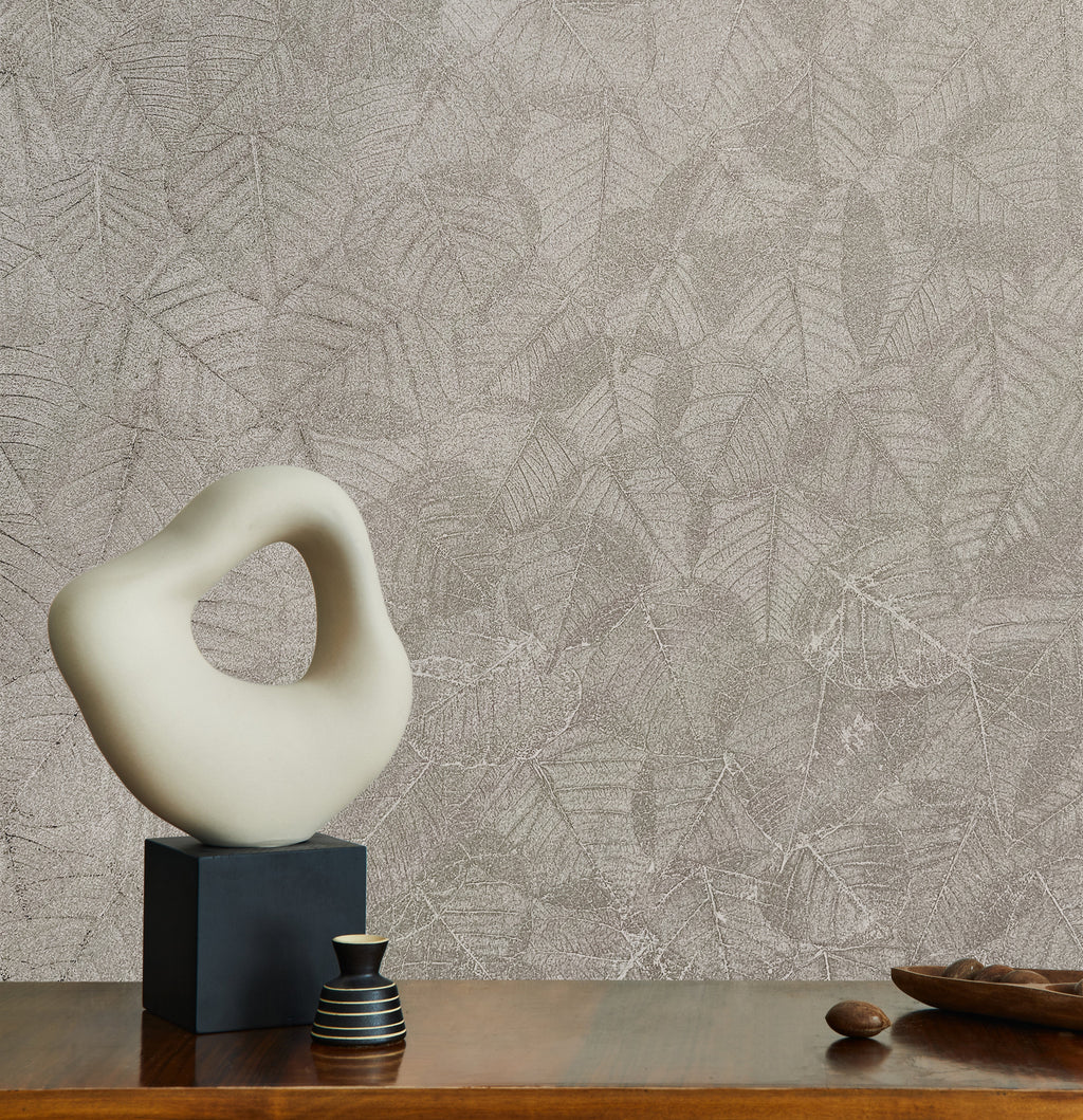 Luminous Leaf Collage Wallpaper - Silver Beige on Foil room view