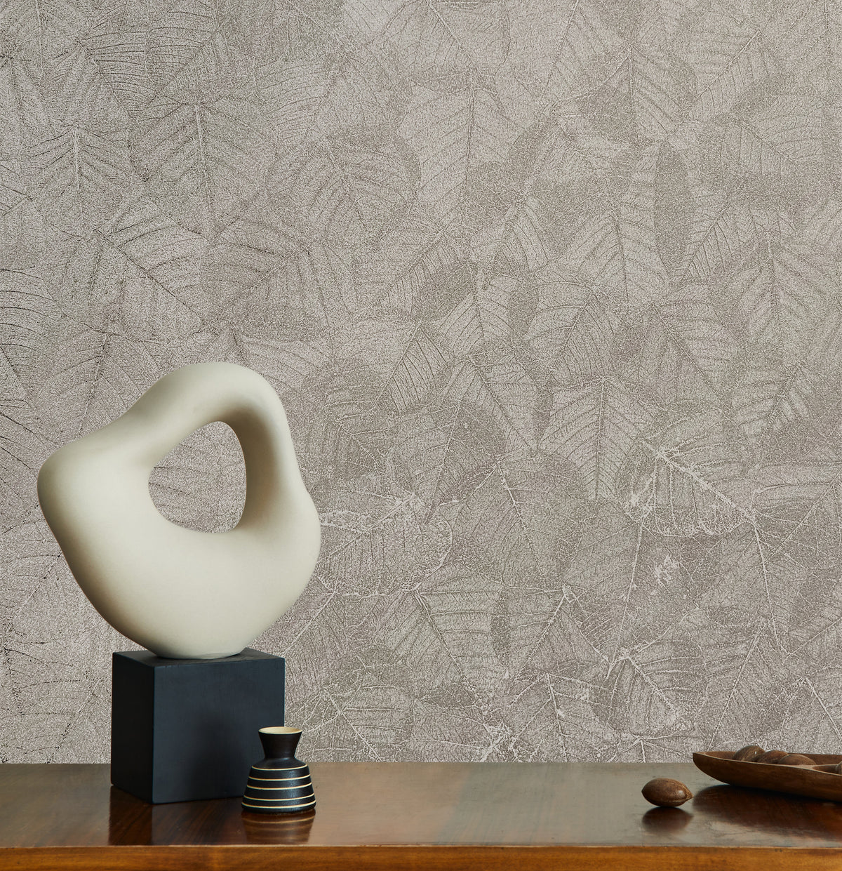 Luminous Leaf Collage Wallpaper - Silver Beige on Foil room view