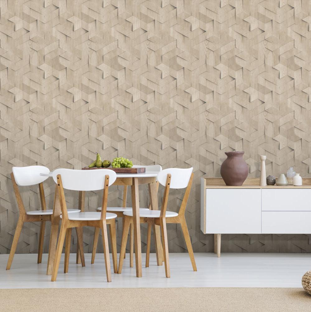Geo Wood Block Illusion Wallpaper - Natural room view