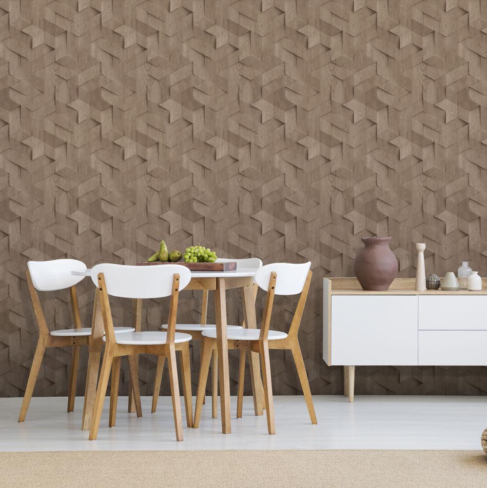Geo Wood Block Illusion Wallpaper - Taupe room view