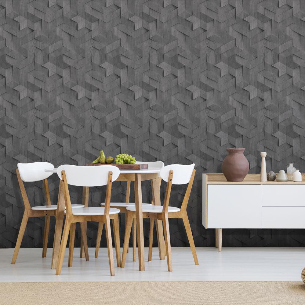 Geo Wood Block Illusion Wallpaper - Dark Grey room view