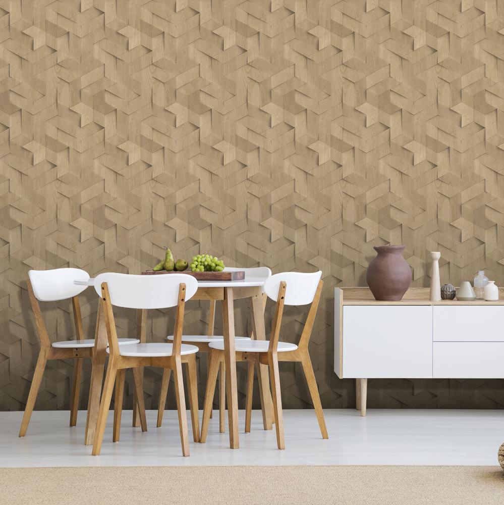Geo Wood Block Illusion Wallpaper - Beige room view