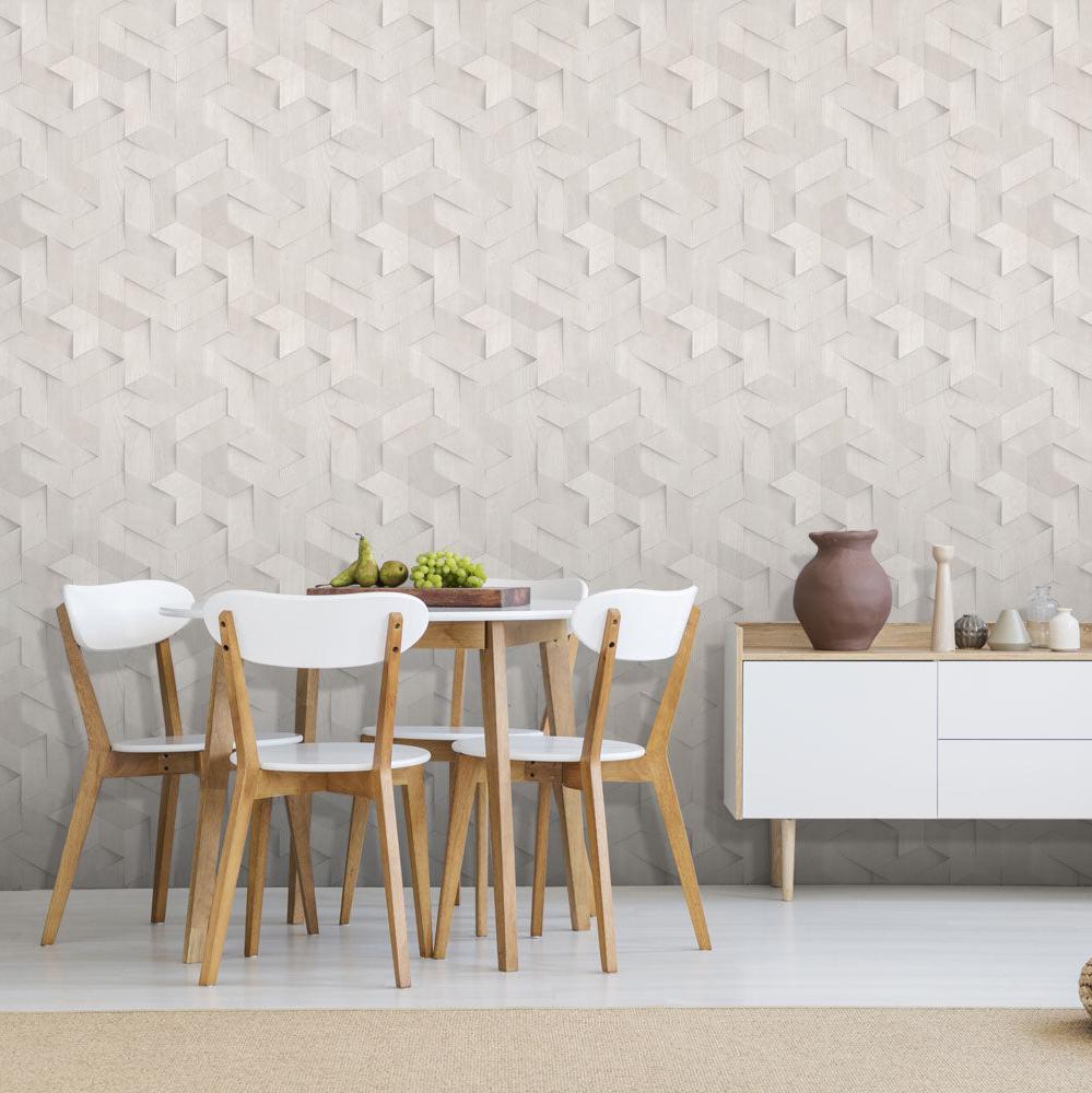 Geo Wood Block Illusion Wallpaper - Light Grey room view