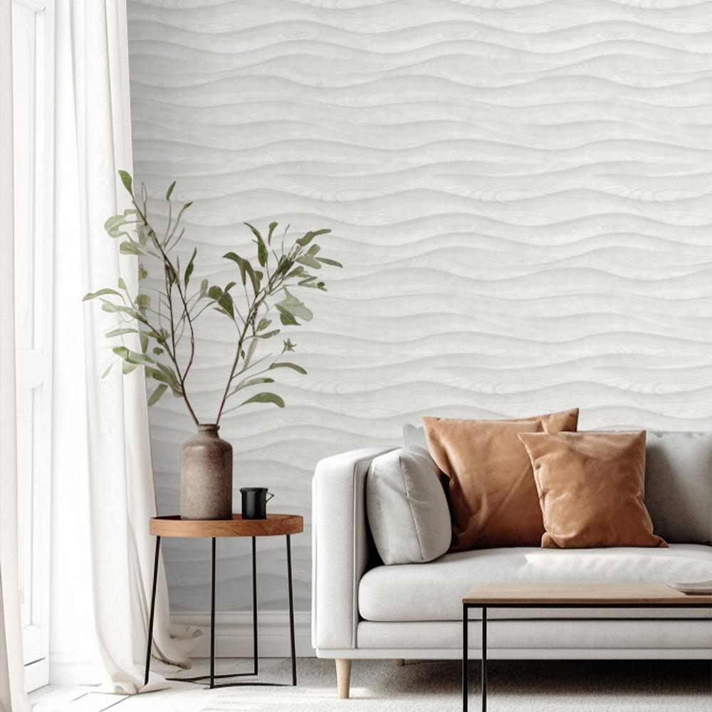 Natural Drift Wavy Wood Wallpaper - Light Grey room view