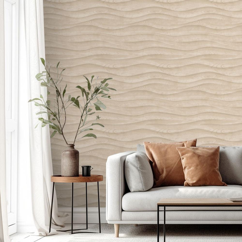 Natural Drift Wavy Wood Wallpaper - Beige room view