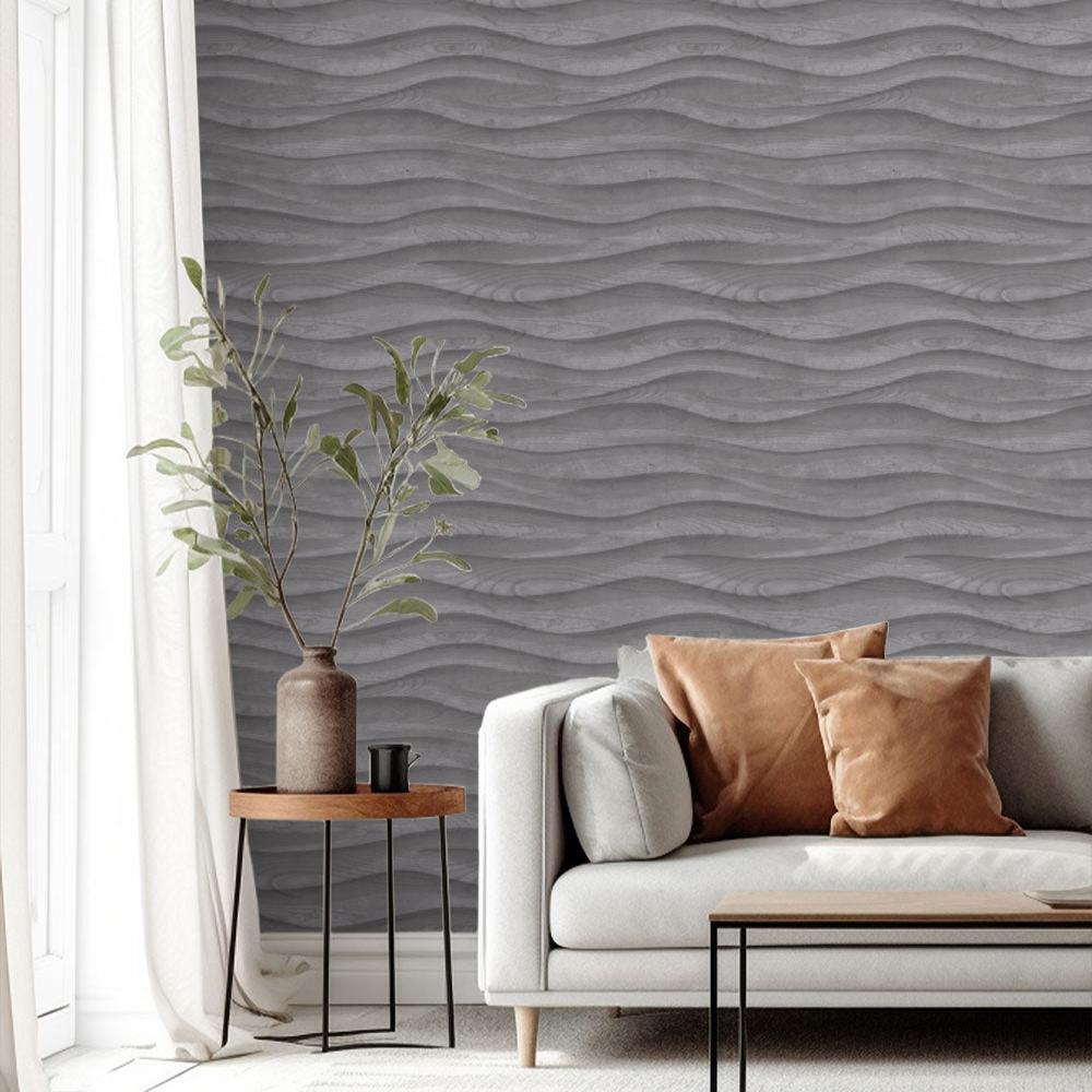 Natural Drift Wavy Wood Wallpaper - Dark Grey room view