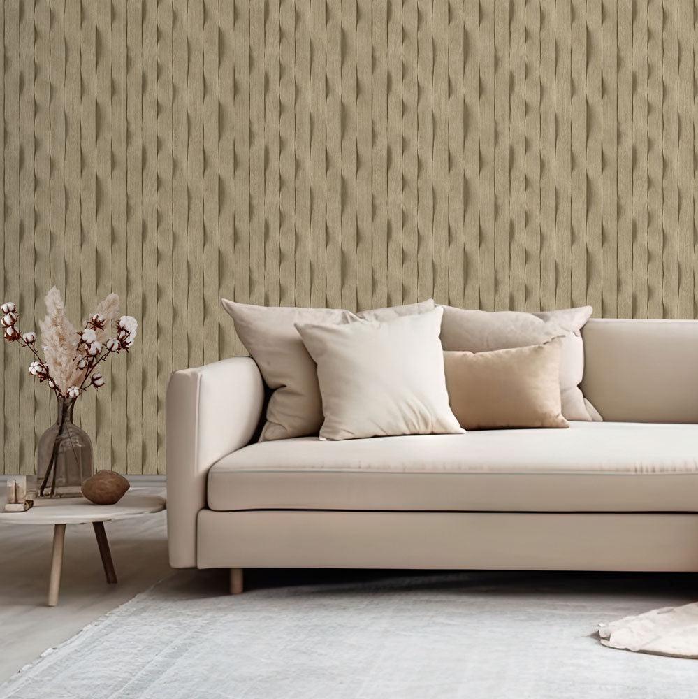 Wavy Wood Slats Wallpaper - Taupe room view