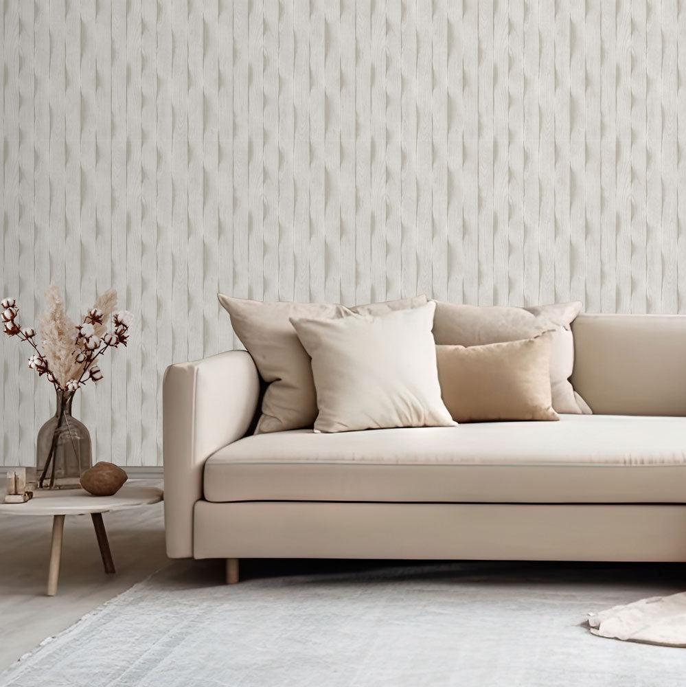 Wavy Wood Slats Wallpaper - Light Grey room view