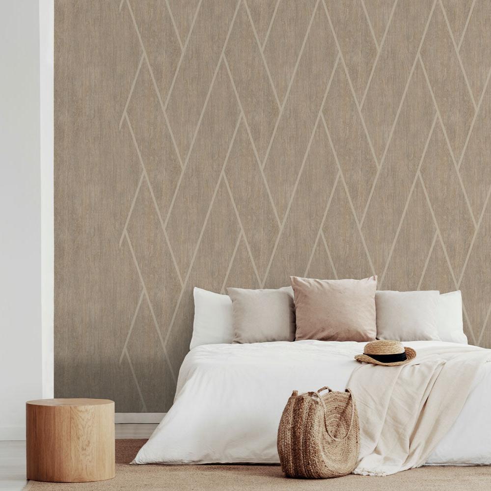 Chevron Woodgrain Wallpaper - Brown room view