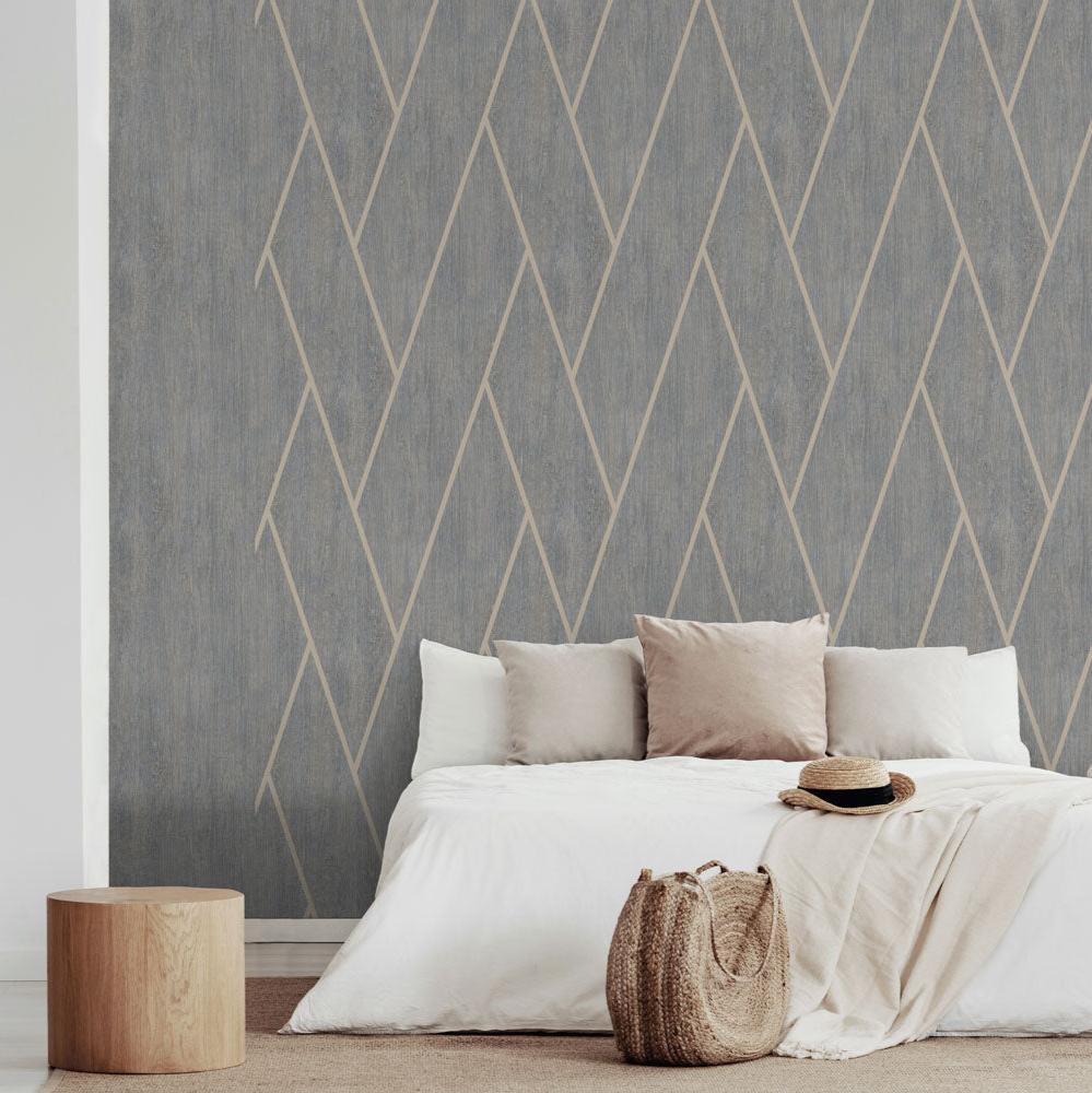 Chevron Woodgrain Wallpaper - Blue Grey room view