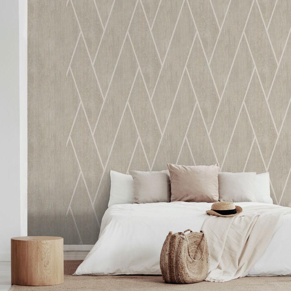 Chevron Woodgrain Wallpaper - Beige room view