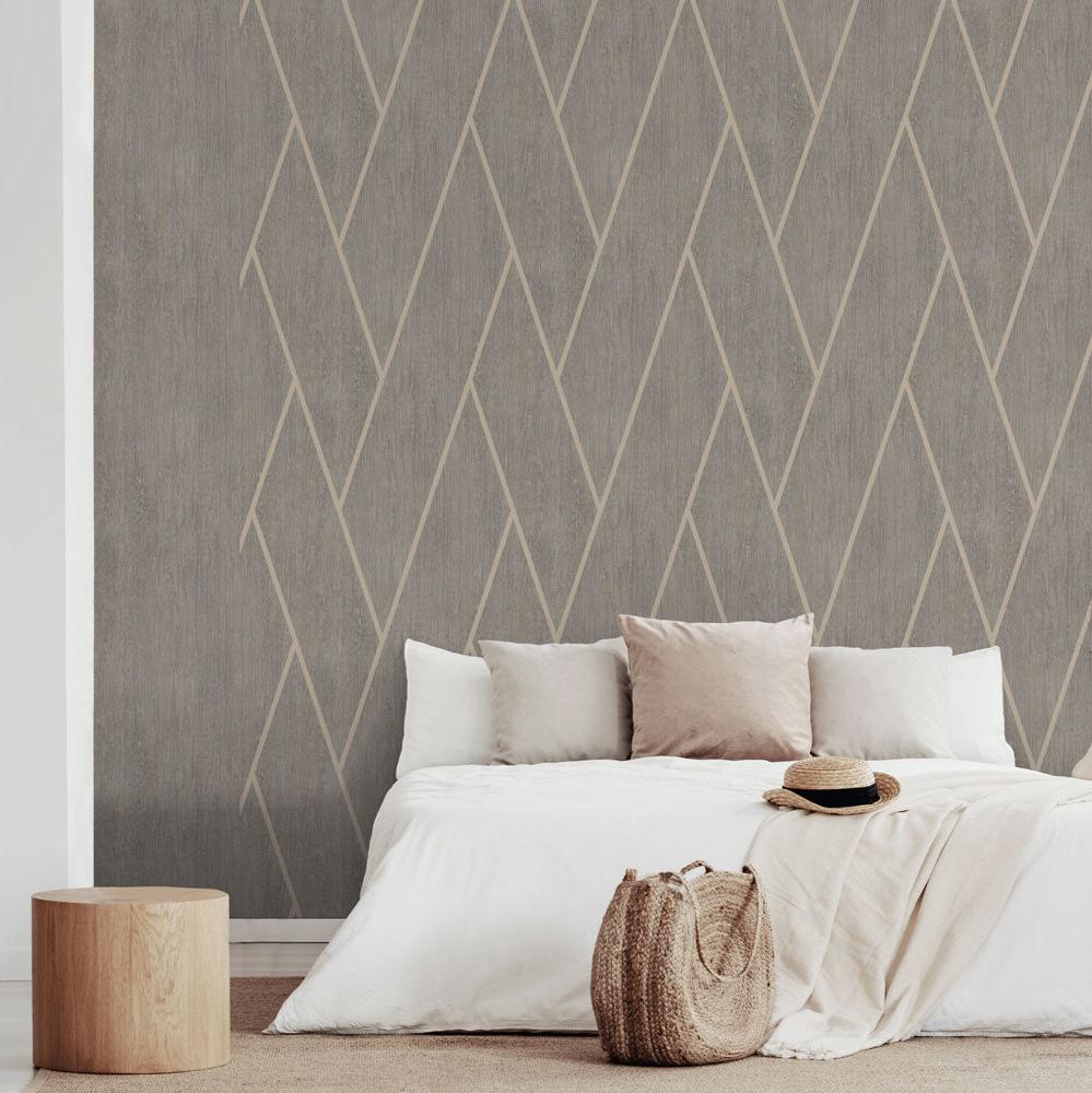 Chevron Woodgrain Wallpaper - Taupe room view