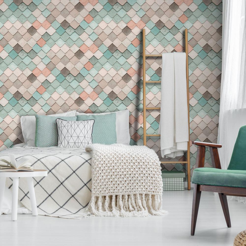 Vintage Tiles Wallpaper - Multicolor Pastel room view