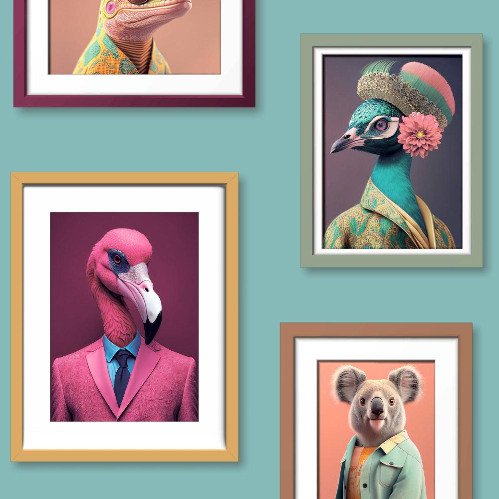 Funky Animal Portaits Wallpaper - Green Ground pattern