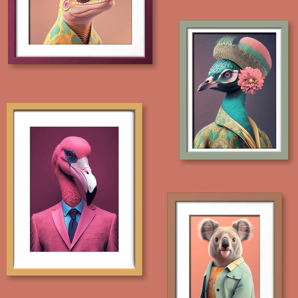 Funky Animal Portaits Wallpaper - Orange Ground pattern