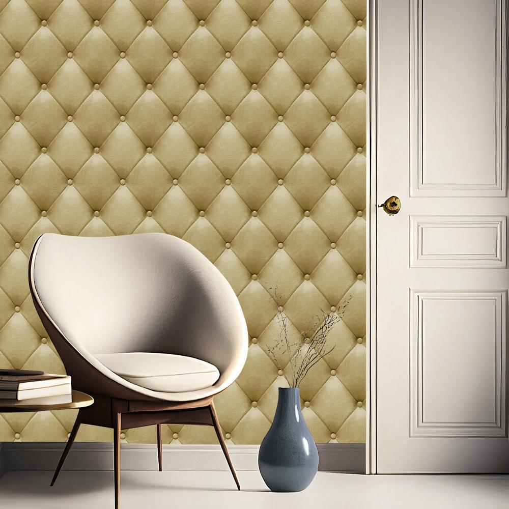 Faux Plush Quilted Diamond Upholstery Wallpaper - Gold room view