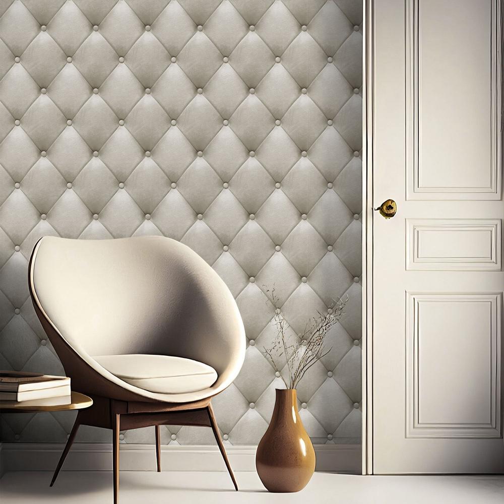 Faux Plush Quilted Diamond Upholstery Wallpaper - Beige room view