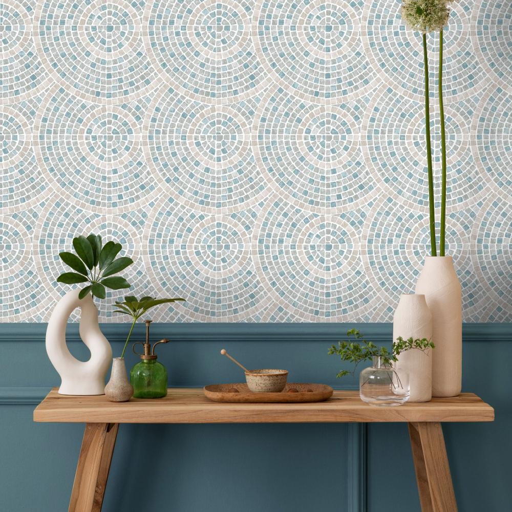 Mosaic Mirage Wallpaper - Blue and Beige room view