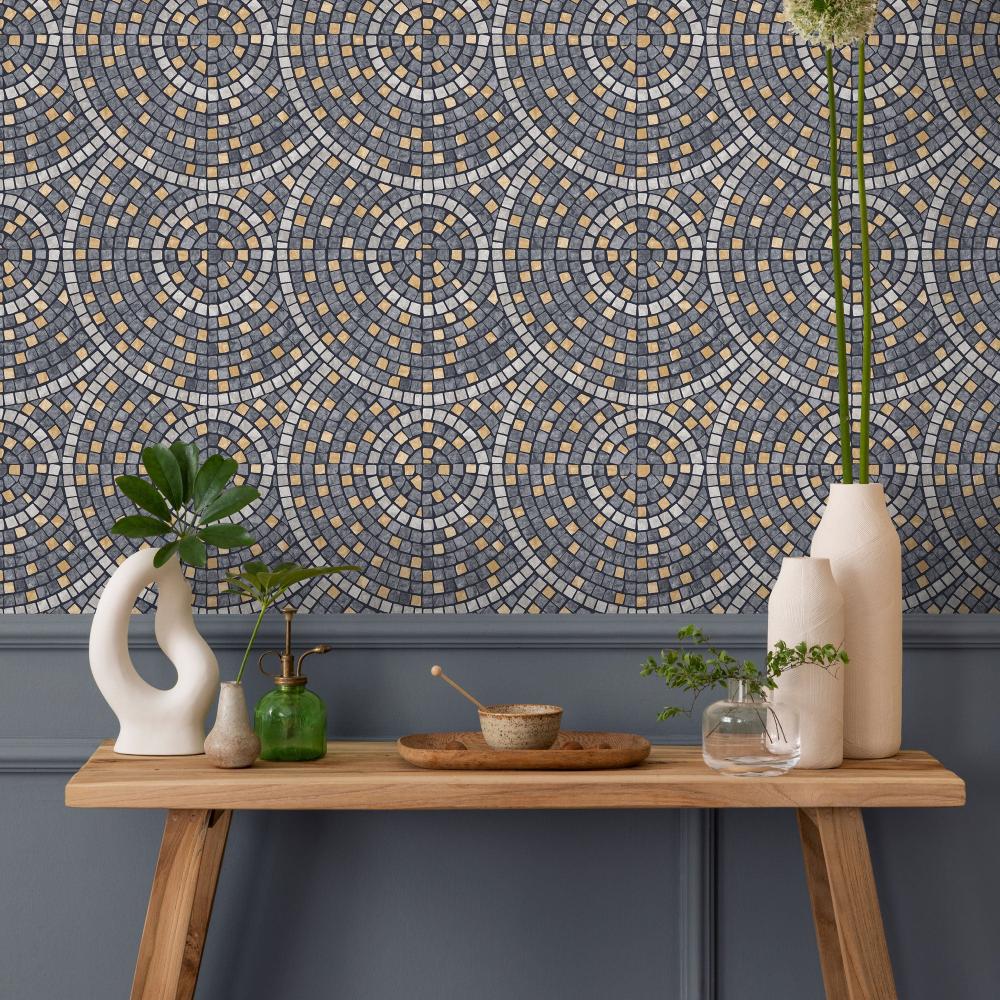 Mosaic Mirage Wallpaper - Black and Grey room view