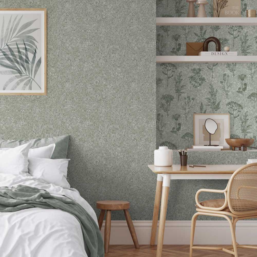 Herbarium Hues Herbs & Grasses Wallpaper - Sage Green room view