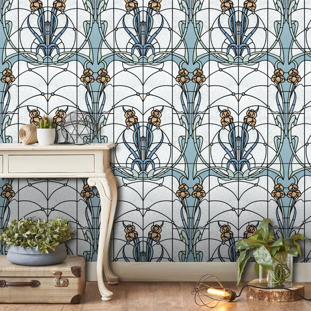 Floral Stained Glass Wallpaper - Blue room view
