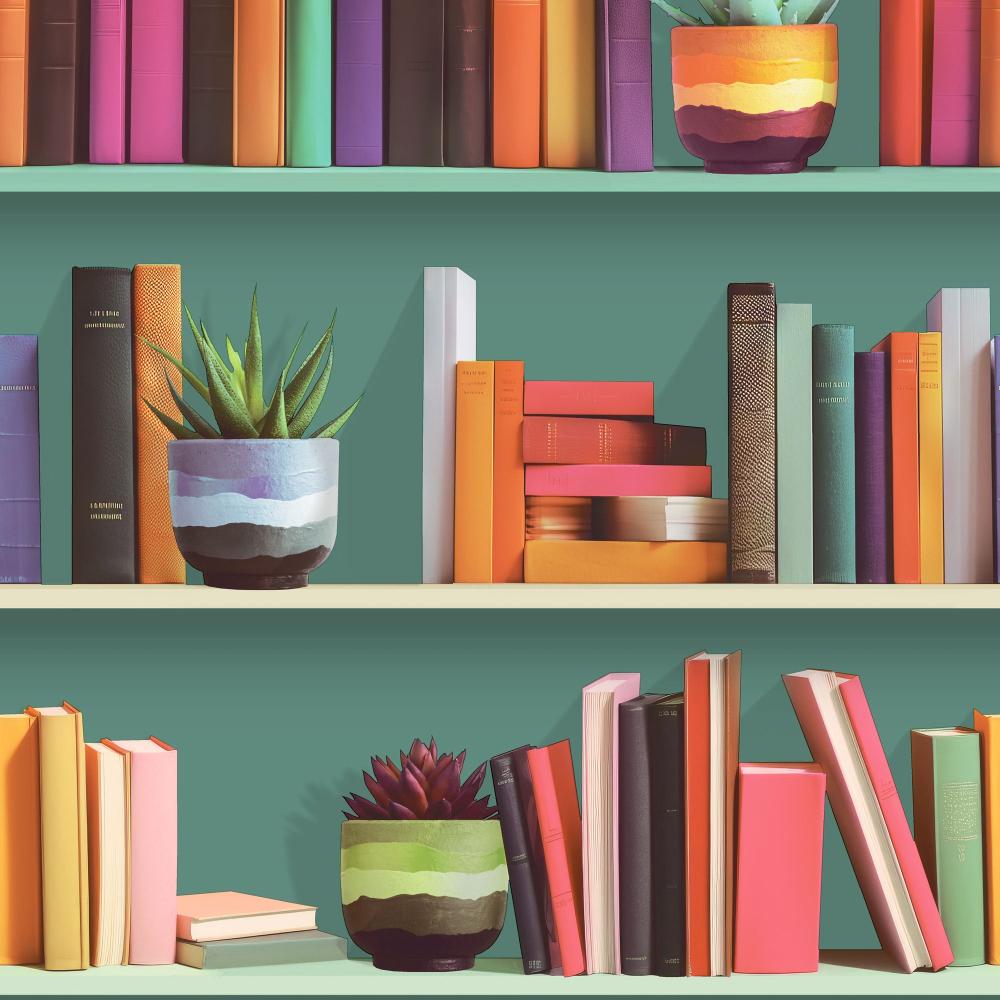 Modern Bookshelf Wallpaper - Green Ground pattern