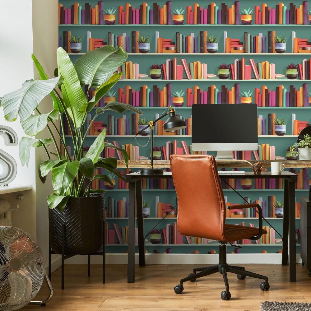Modern Bookshelf Wallpaper - Green Ground room view