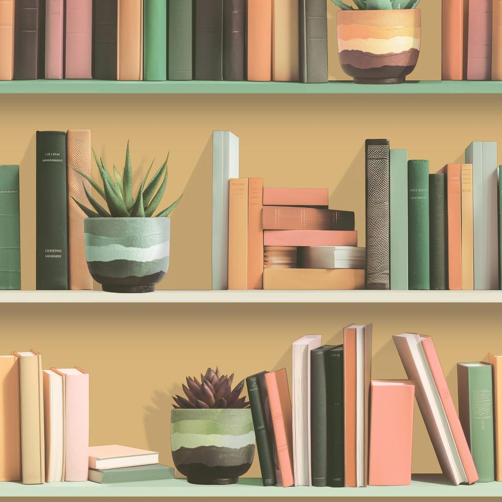 Modern Bookshelf Wallpaper - Ocher Ground pattern