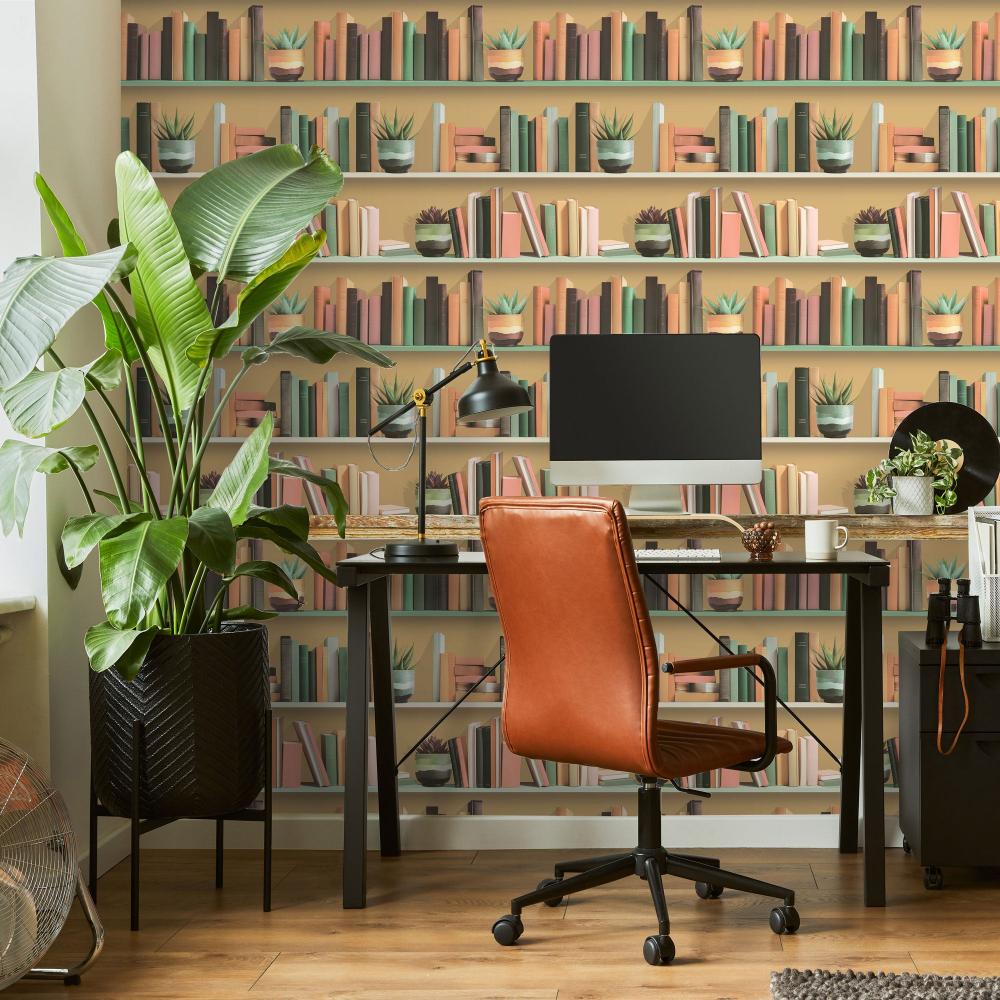 Modern Bookshelf Wallpaper - Ocher Ground room view