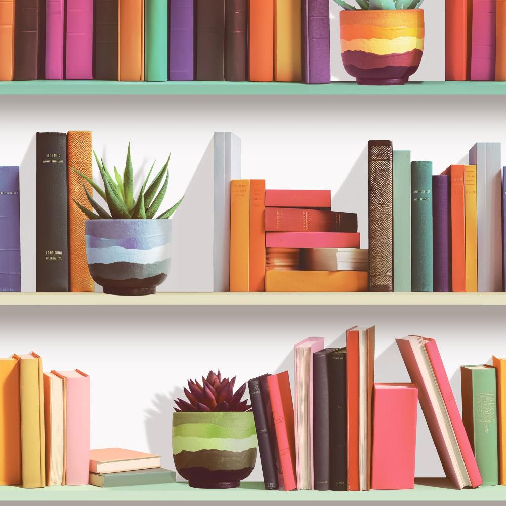 Modern Bookshelf Wallpaper - White Ground pattern