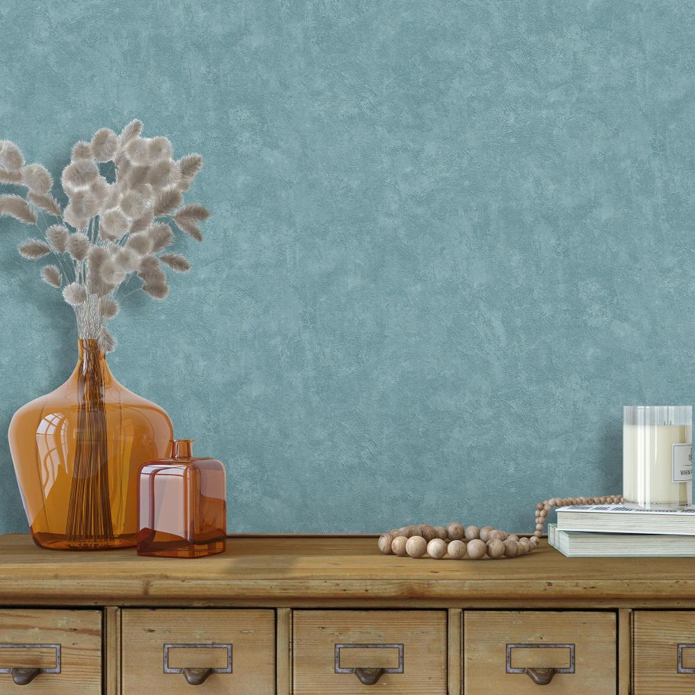 Faux Concrete Plaster Texture Wallpaper - Blue room view