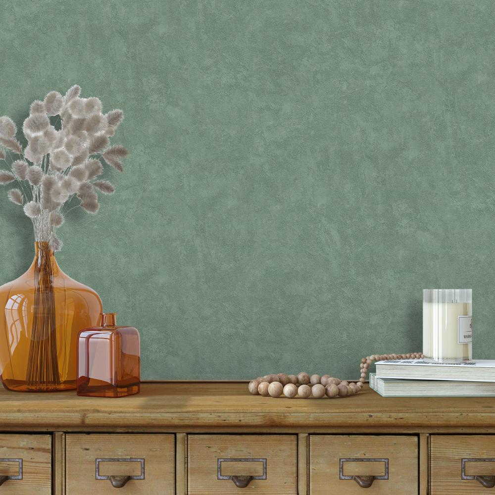 Faux Concrete Plaster Texture Wallpaper - Dark Green room view