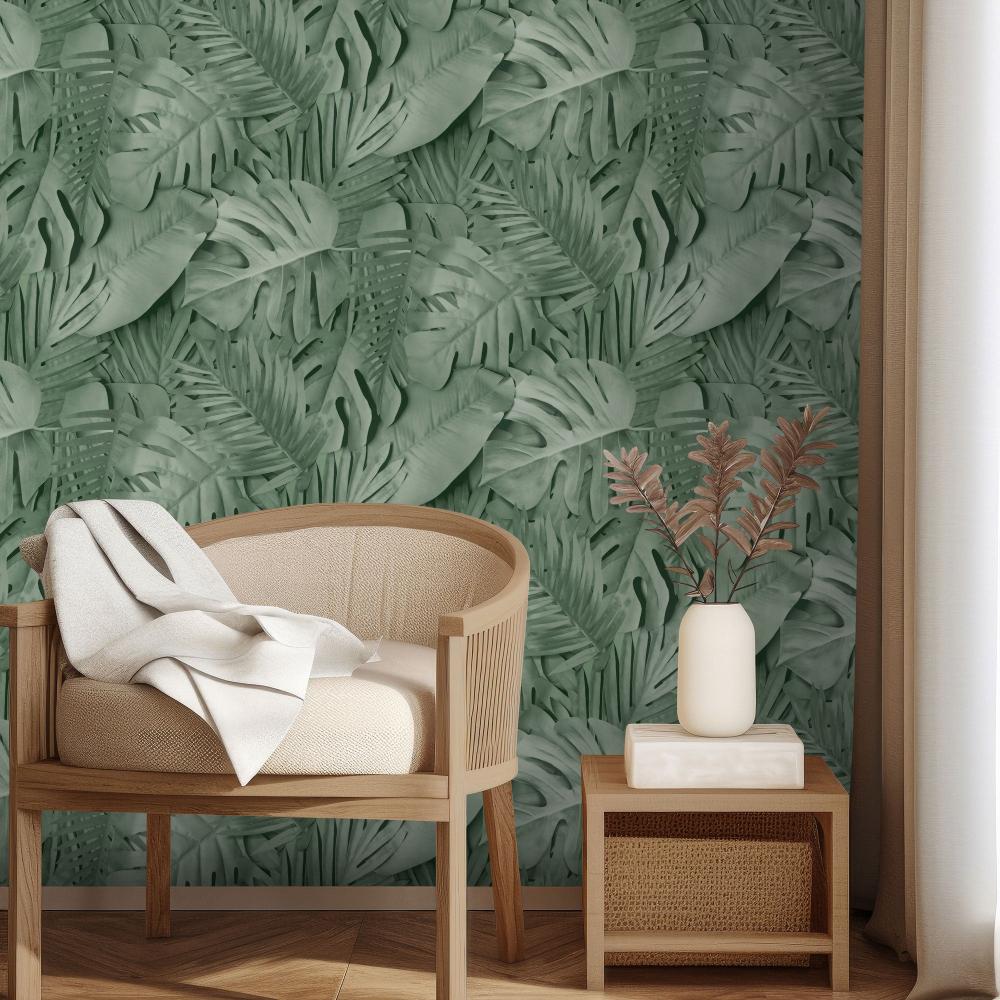 Large Photoreal Tropical Leaves Wallpaper - Green room view