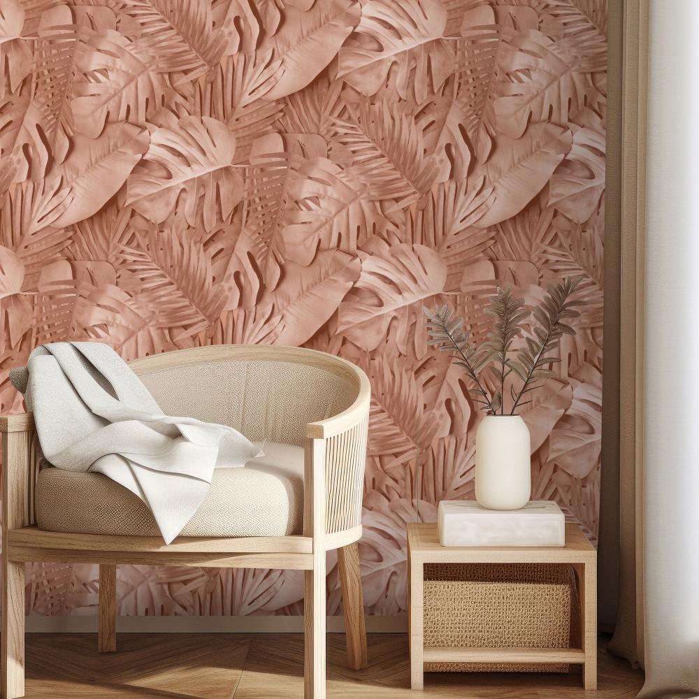Large Photoreal Tropical Leaves Wallpaper - Terracotta room view