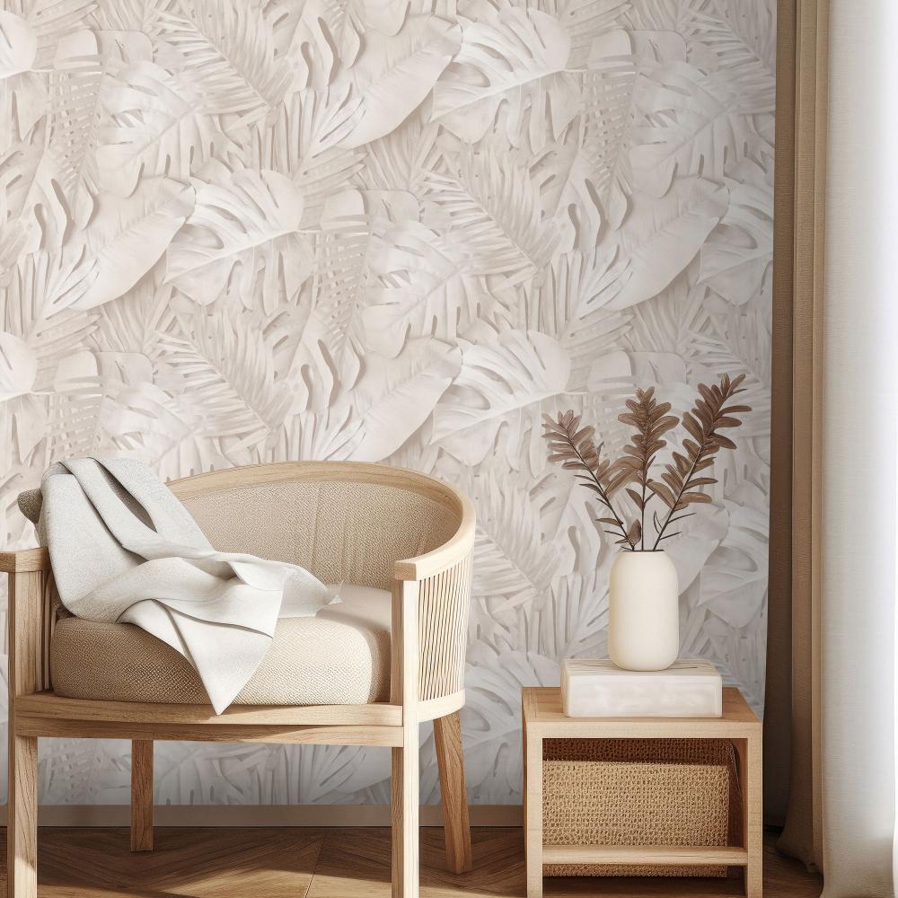 Large Photoreal Tropical Leaves Wallpaper - Beige room view
