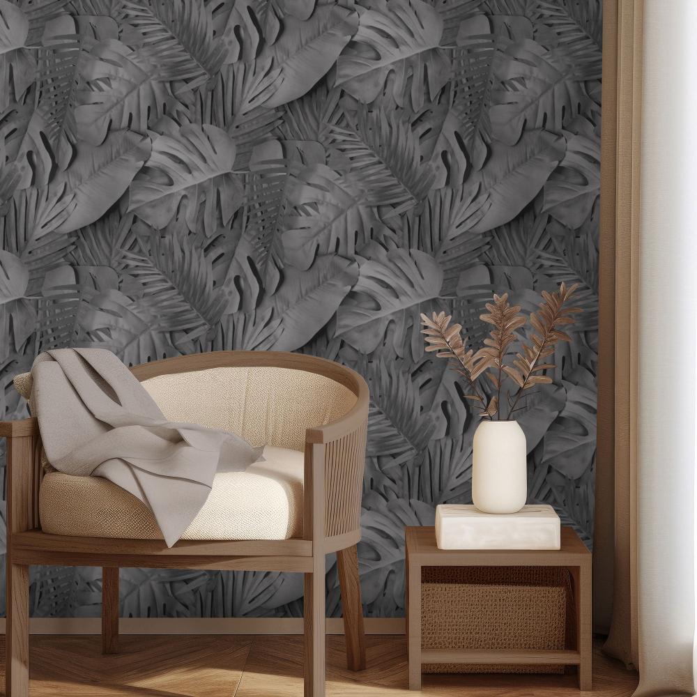 Large Photoreal Tropical Leaves Wallpaper - Black room view