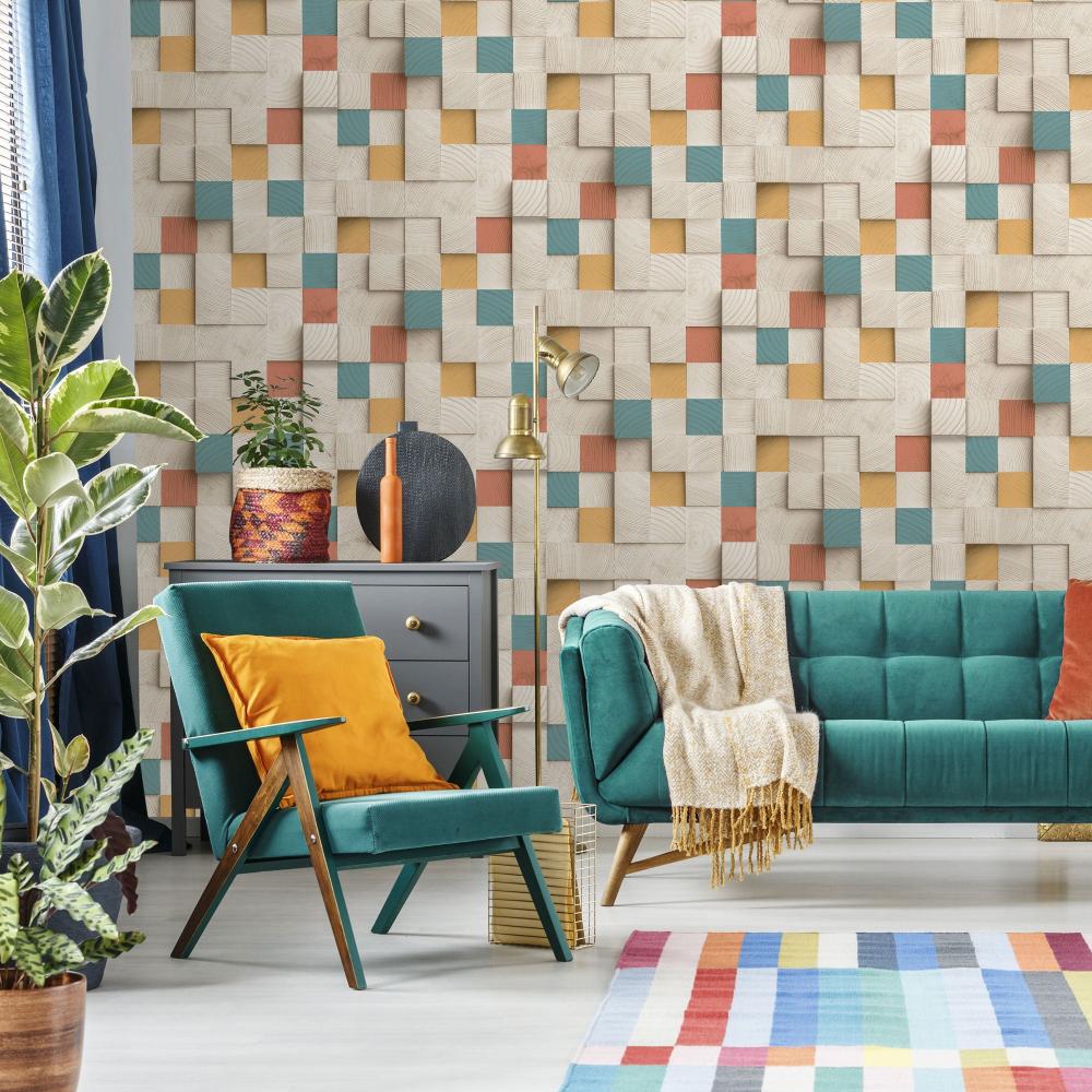 Wood Blocks Wallpaper - Multicolor room view