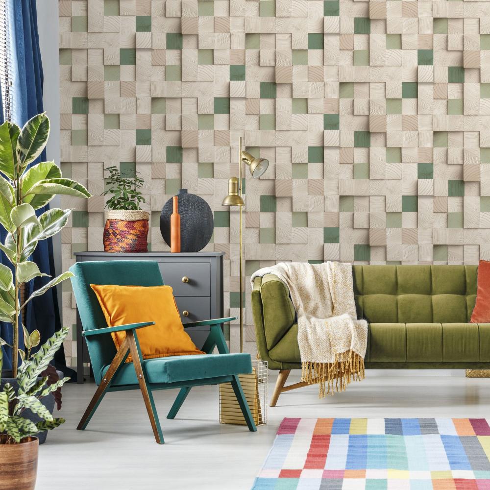 Wood Blocks Wallpaper - Green room view