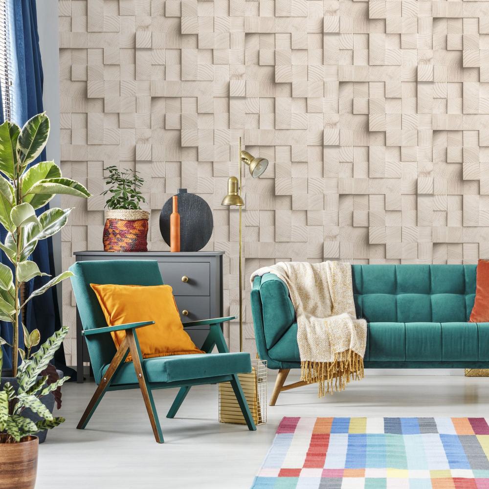 Wood Blocks Wallpaper - Beige room view