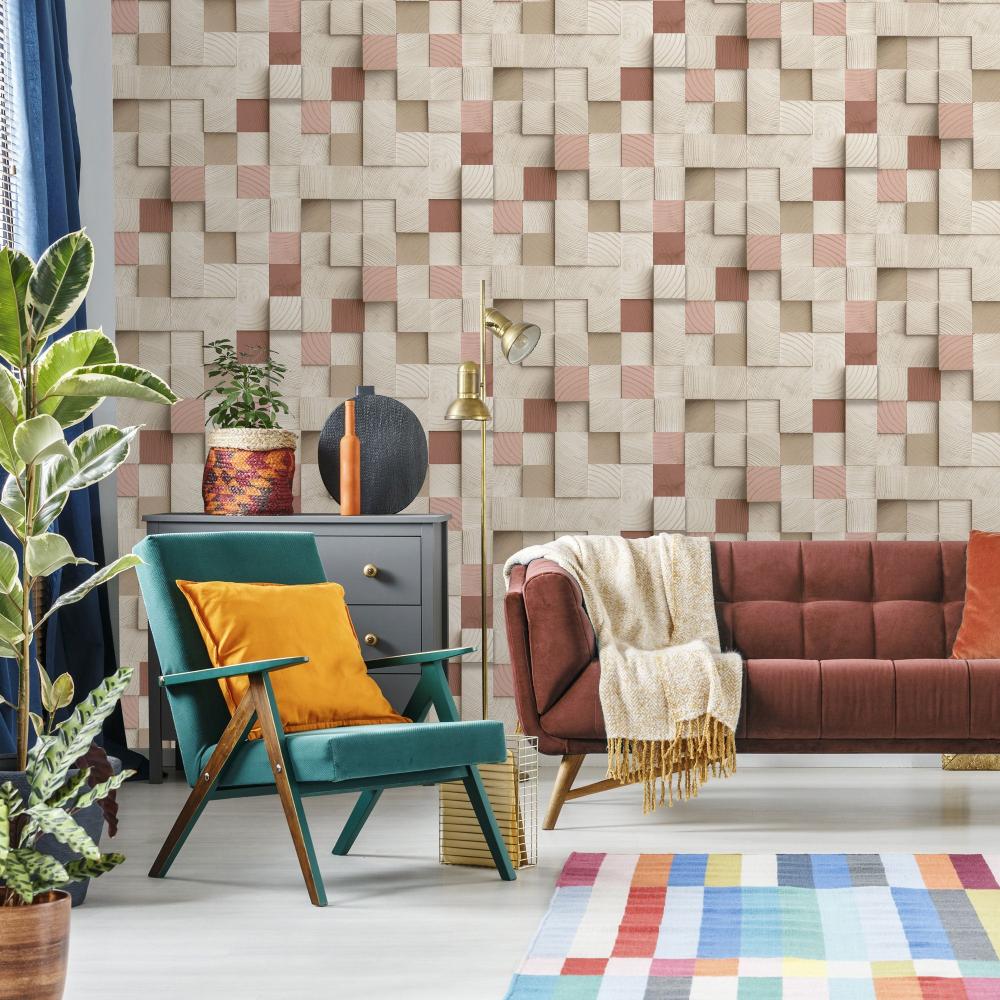 Wood Blocks Wallpaper - Red room view