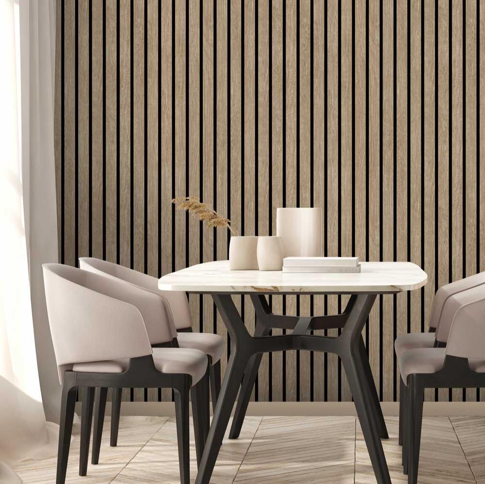 Modern Wood Slat Wallpaper - Taupe room view