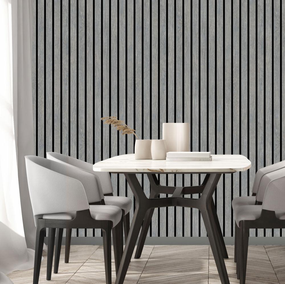 Modern Wood Slat Wallpaper - Grey room view