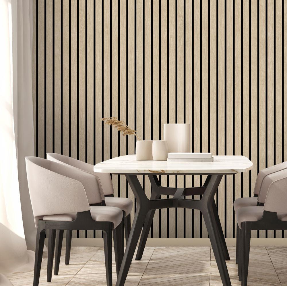 Modern Wood Slat Wallpaper - Beige room view