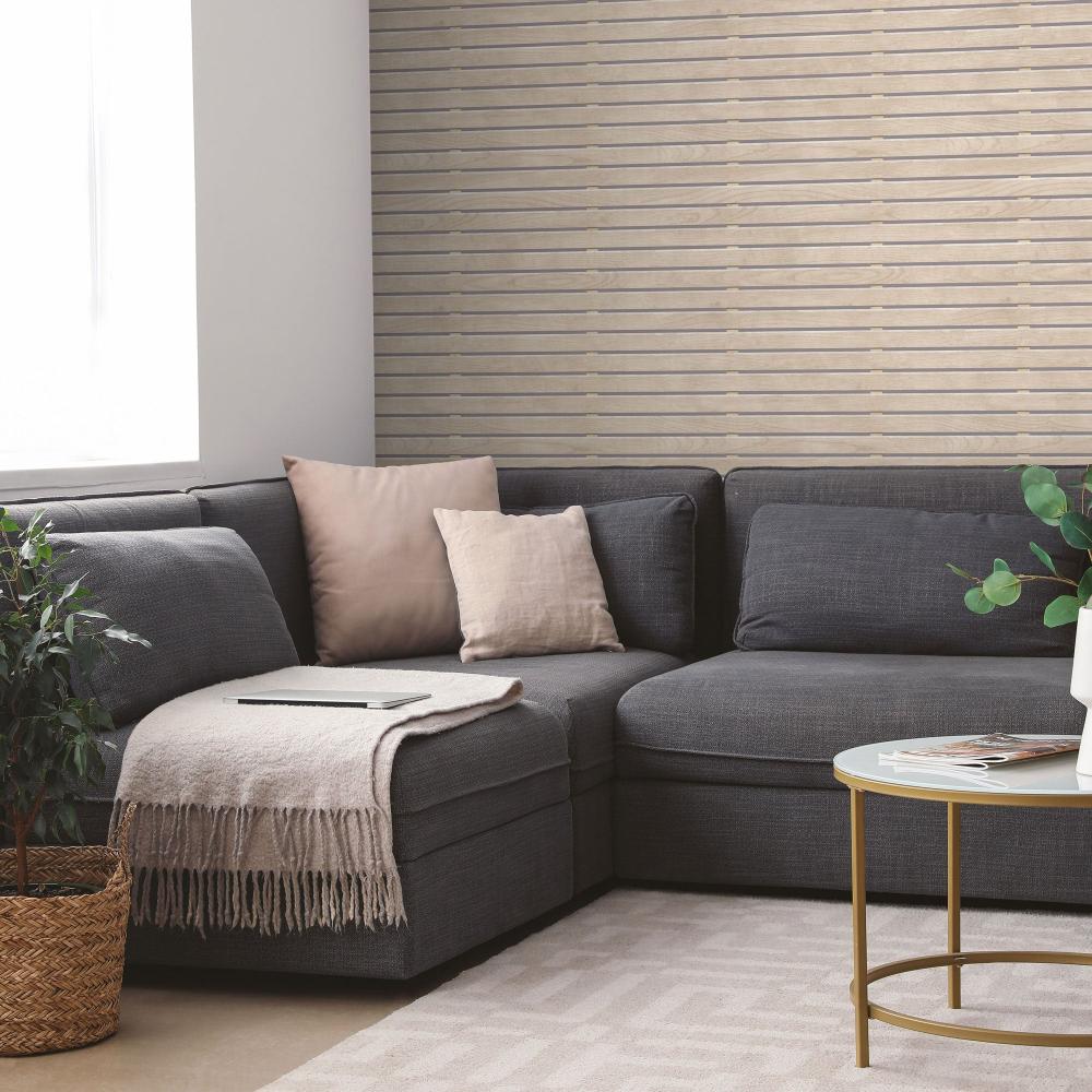 Horizontal Wood Slat Wallpaper - Beige room view