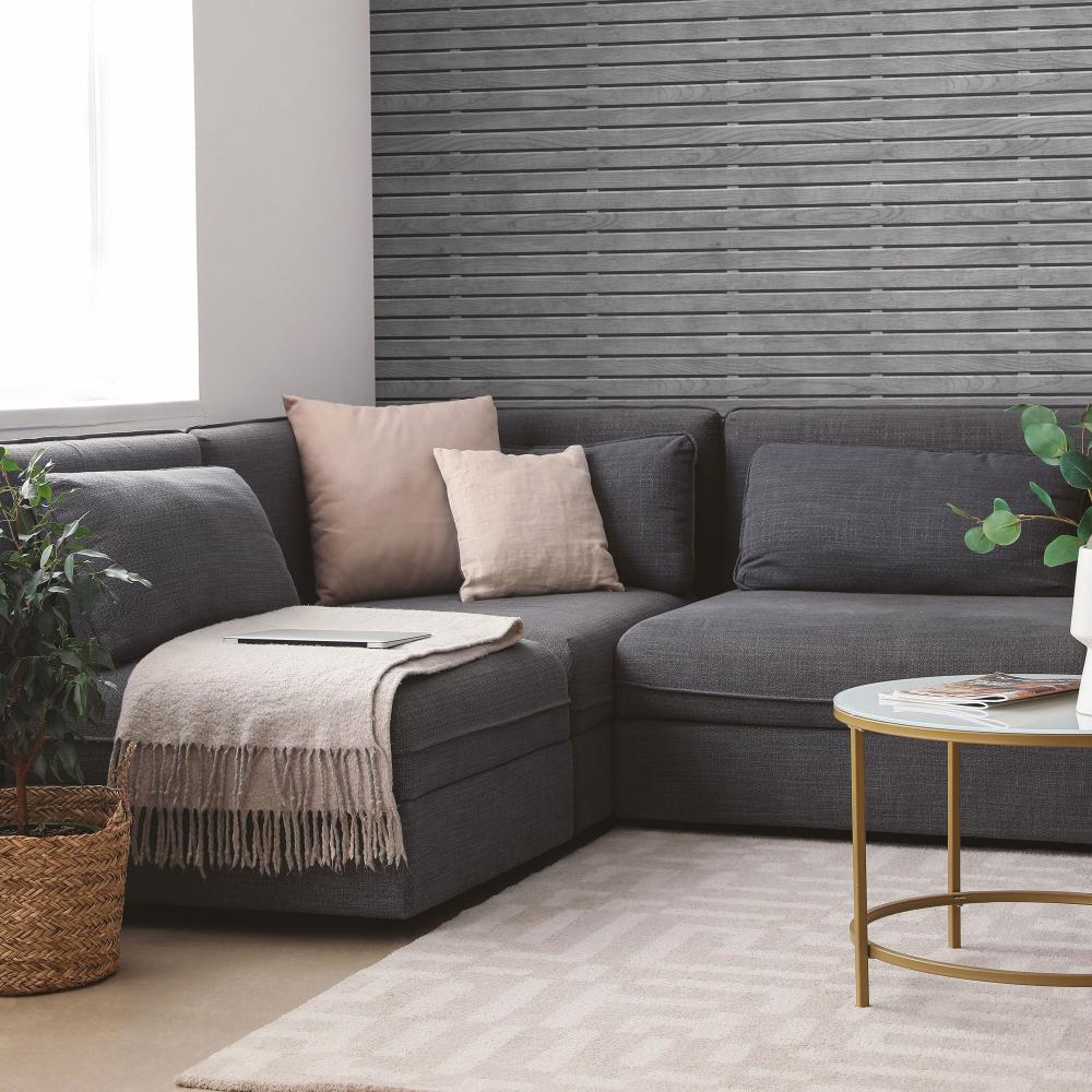 Horizontal Wood Slat Wallpaper - Grey room view