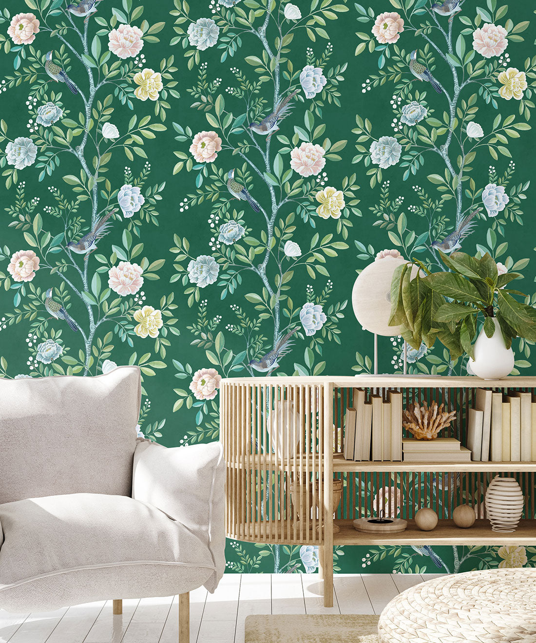 Chinoiserie Wallpaper • Floral Wallpaper • Bird Wallpaper • Magnolia • Emerald Green • Insitu