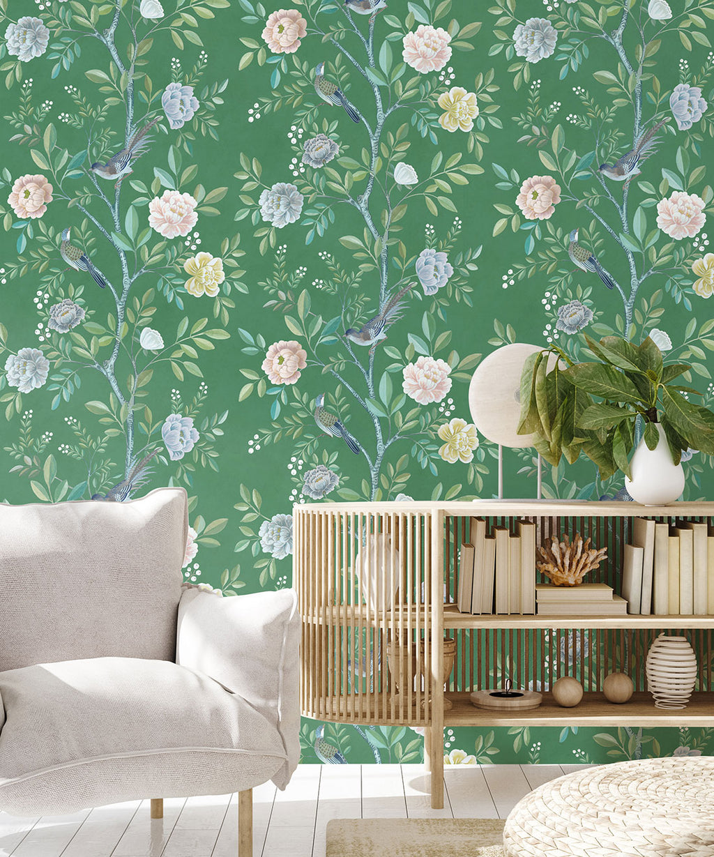 Chinoiserie Wallpaper • Floral Wallpaper • Bird Wallpaper • Magnolia • Forest Green • Insitu