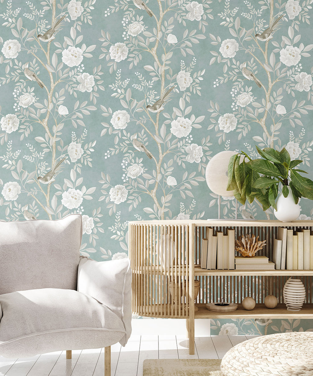 Chinoiserie Wallpaper • Floral Wallpaper • Bird Wallpaper • Magnolia • Milk Green • Insitu