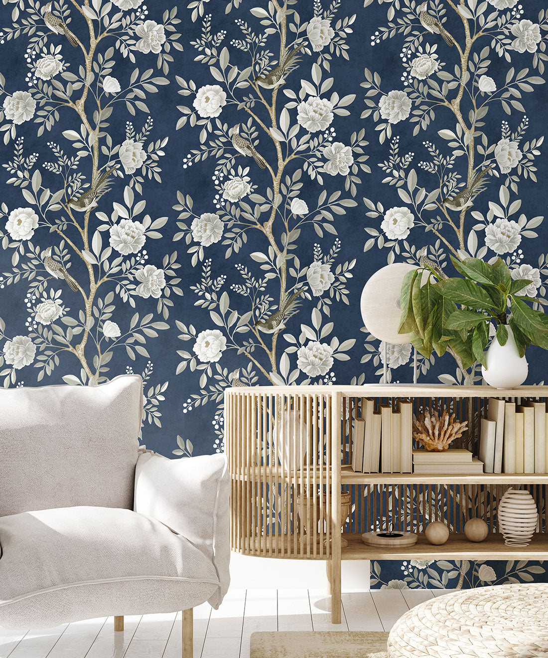 Chinoiserie Wallpaper • Floral Wallpaper • Bird Wallpaper • Magnolia • Royal Blue • Insitu