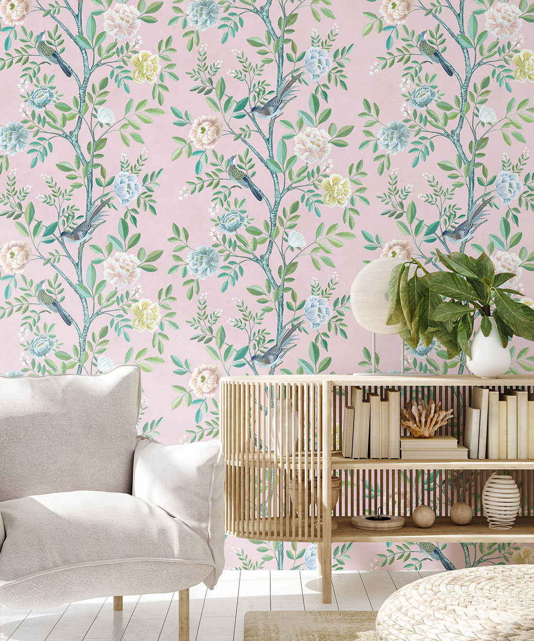 Chinoiserie Wallpaper • Floral Wallpaper • Bird Wallpaper • Magnolia • Blush • Insitu